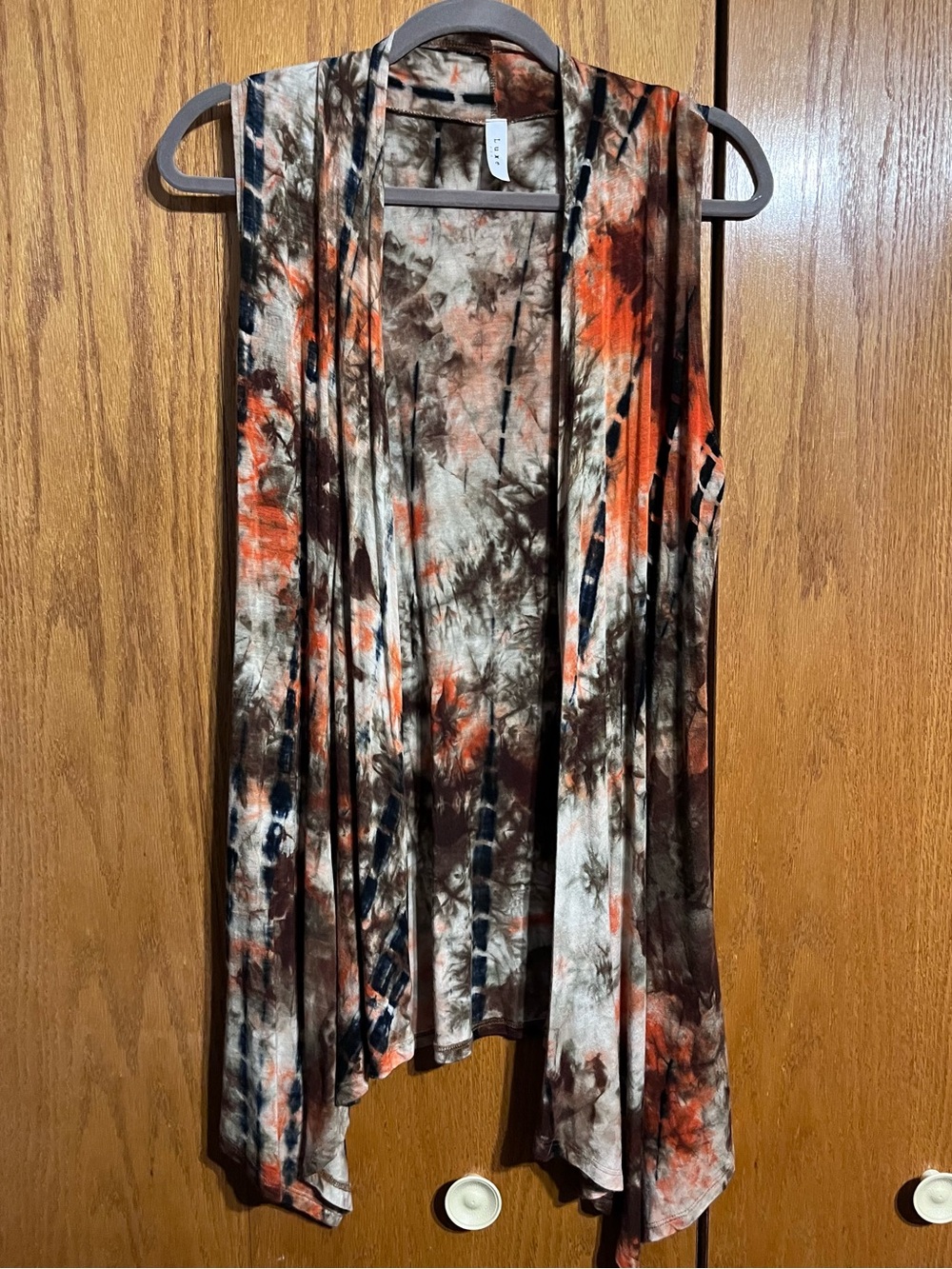Luxe Tie-Dye Sleeveless Drape Vest in Orange, Brown & Cream